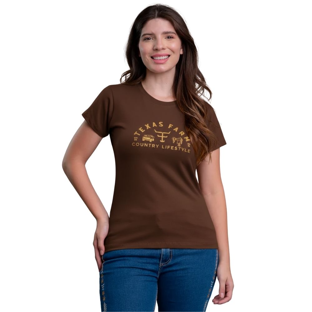 Camiseta Feminina Texas Farm Baby Look Manga Curta Marrom Café Estampado Ref:CF367