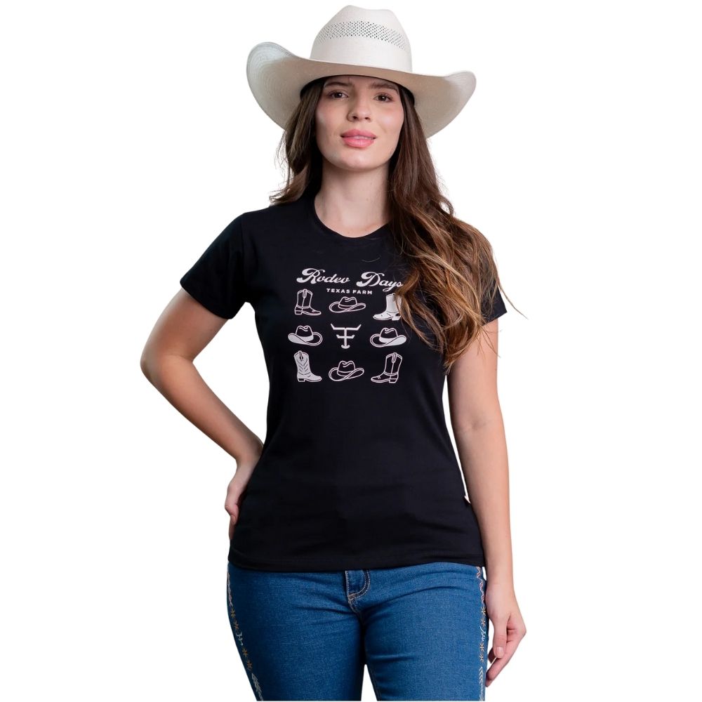 Camiseta Feminina Texas Farm Baby Look Manga Curta Preto Estampada Ref:CF364