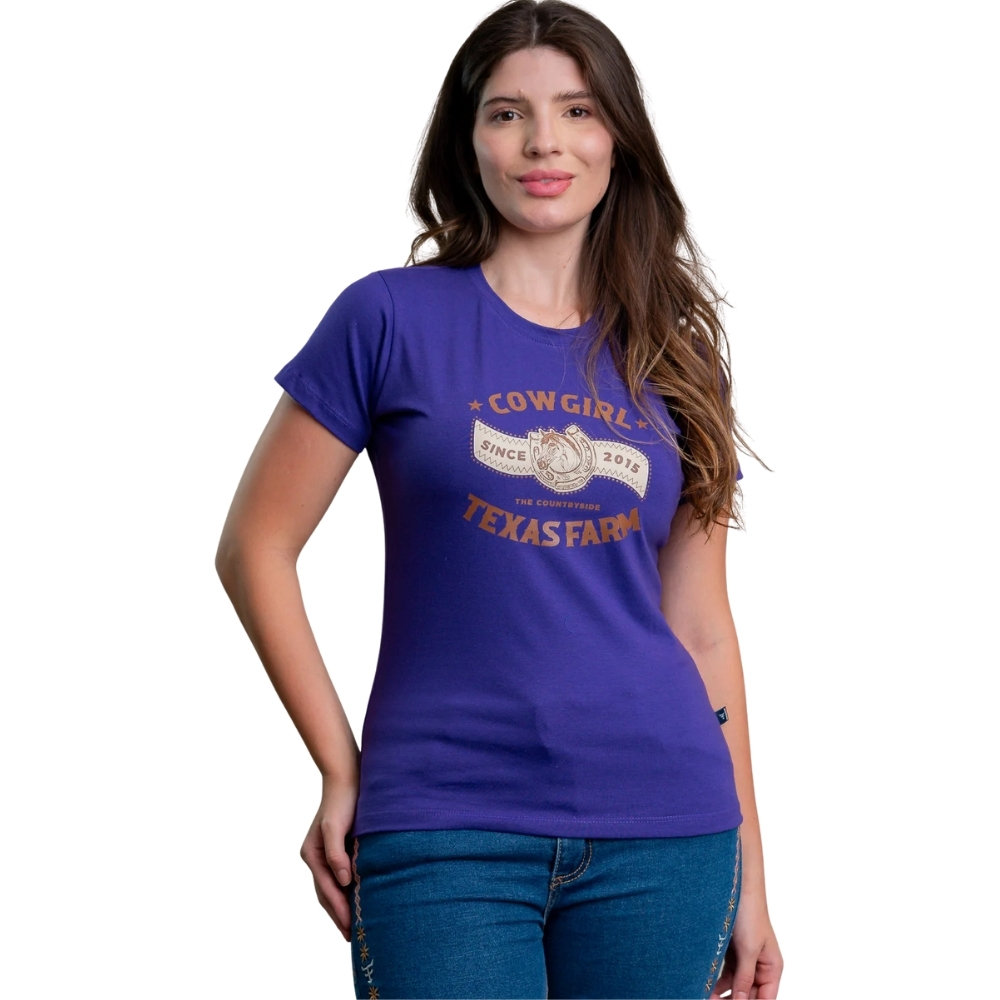 Camiseta Feminina Texas Farm Baby Look Manga Curta Roxo Mirtilo Estampa REF:CF353