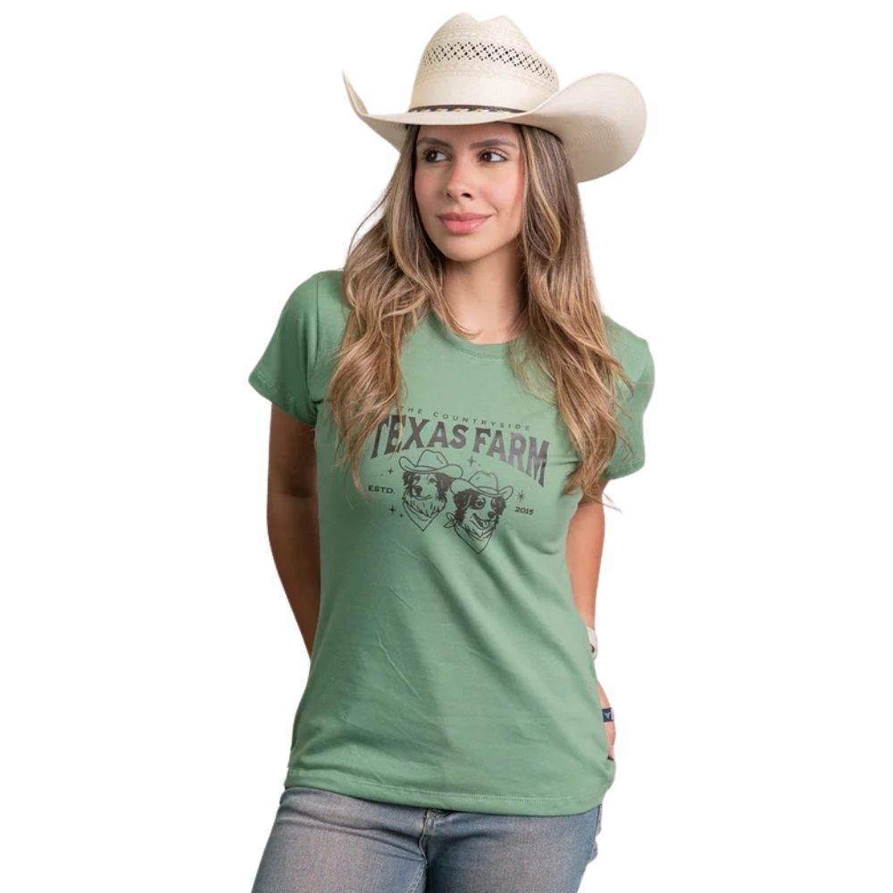 Camiseta Feminina Texas Farm Baby Look Manga Curta Verde Bambu Estampa Cachorro Ref:CF363