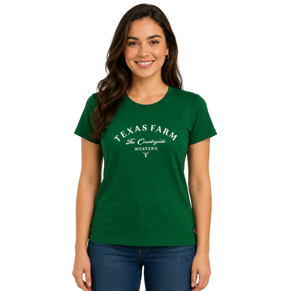 Camiseta Feminina Texas Farm Baby Look Verde Bandeira Logo Off White - Ref:CF365