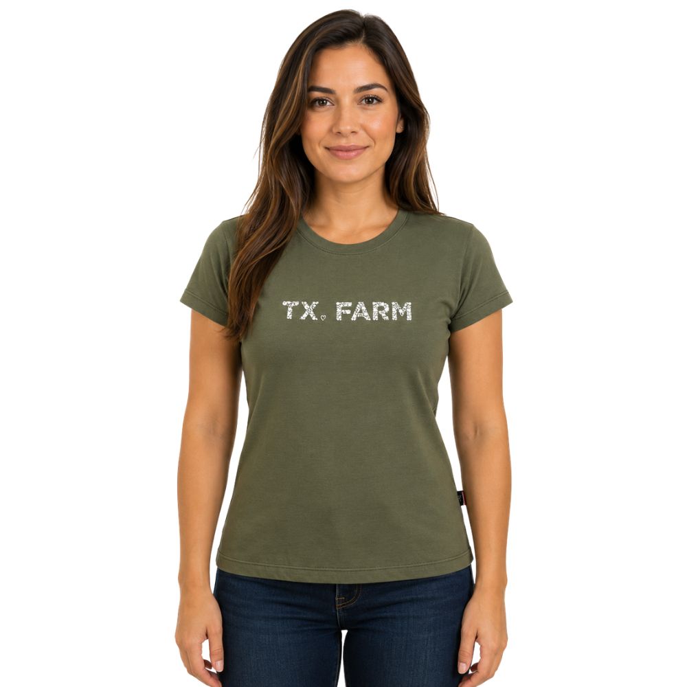 Camiseta Feminina Texas Farm Baby Look Verde Floresta Logo Flores Off White - Ref:CF238