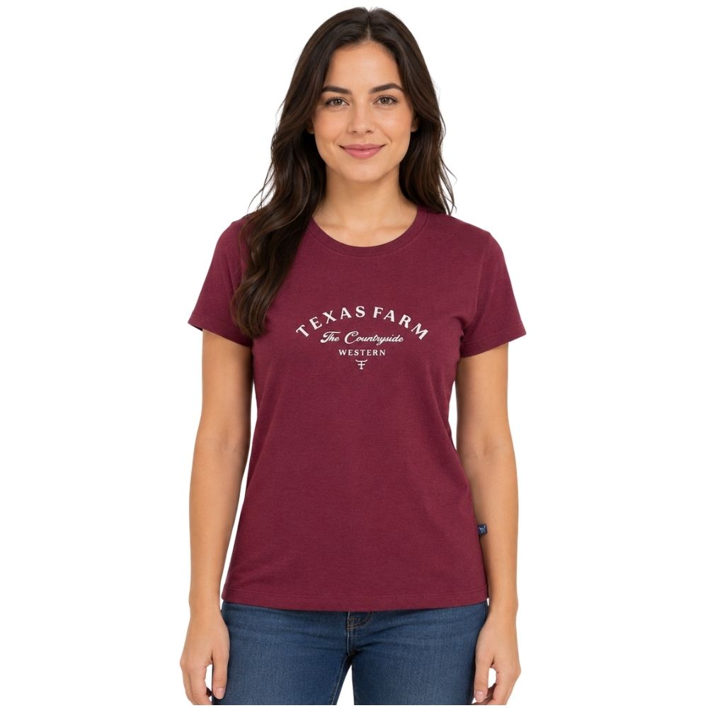 Camiseta Feminina Texas Farm Baby Look Vermelho Vinho Logo Off White - Ref:CF365