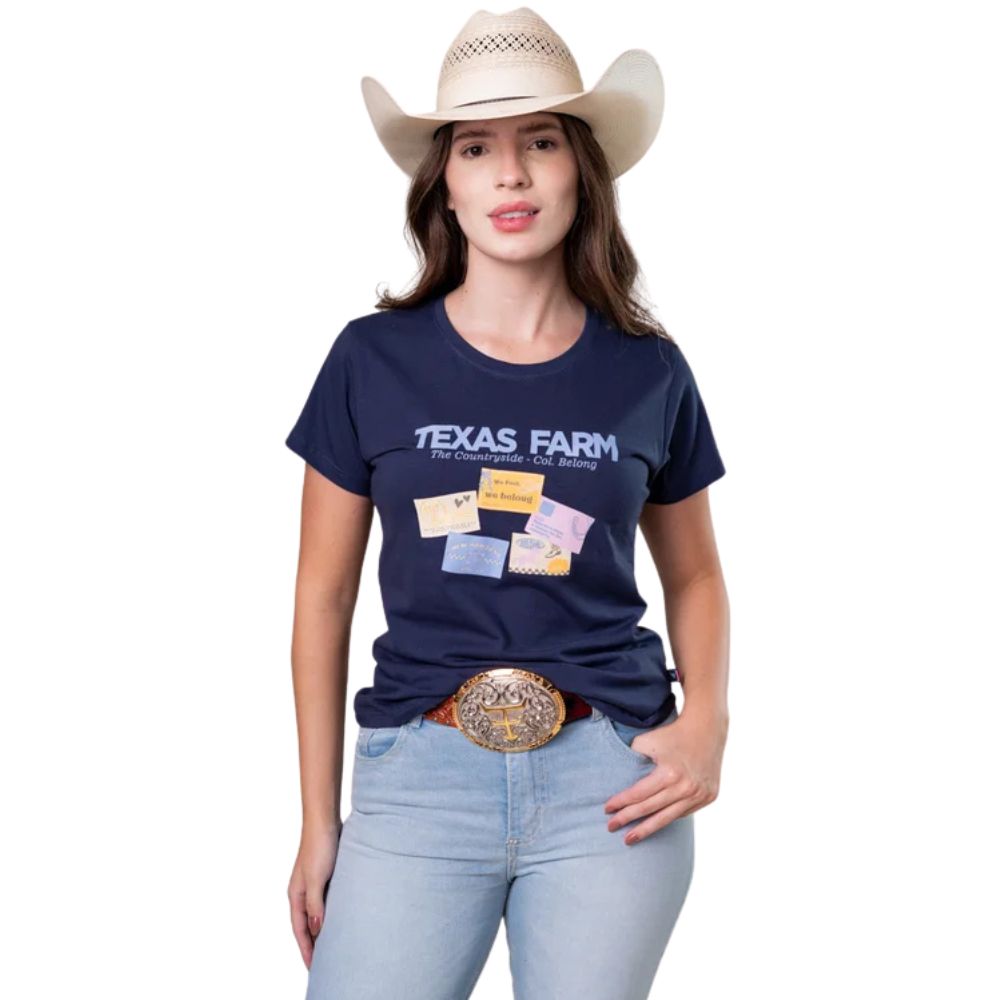 Camiseta Feminina Texas Farm Baby Look Post Manga Curta Azul Marinho Estampada Ref:CF376