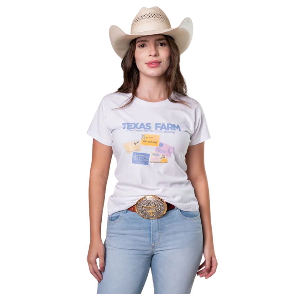 Camiseta Feminina Texas Farm Baby Look Post Manga Curta Branca Estampada Ref:CF376