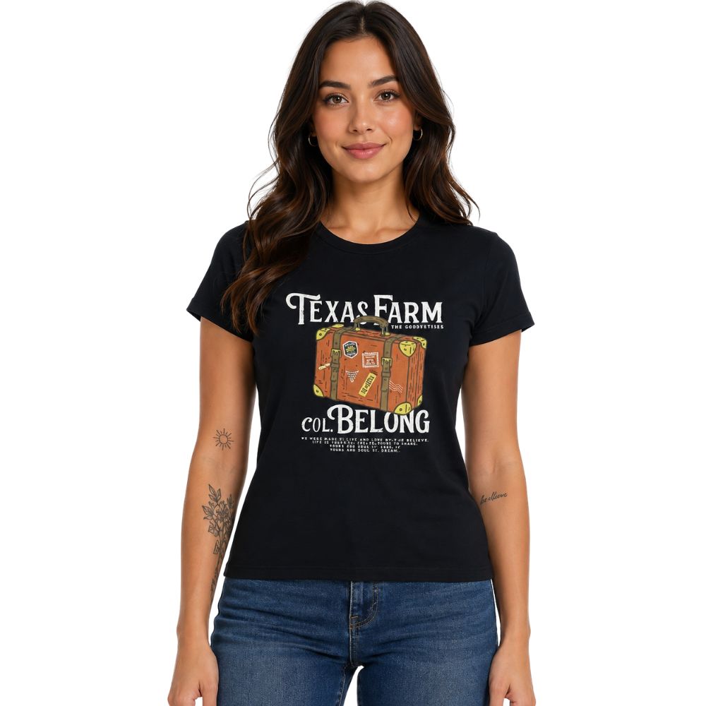 Camiseta Feminina Texas Farm Baby Look Travel Preto Off White Branco - Ref:CF370