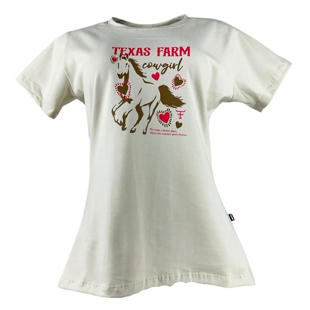 Camiseta Feminina Texas Farm Babylook Bege Manga Curta Com estampa Cavalo E Corações Ref:CF238