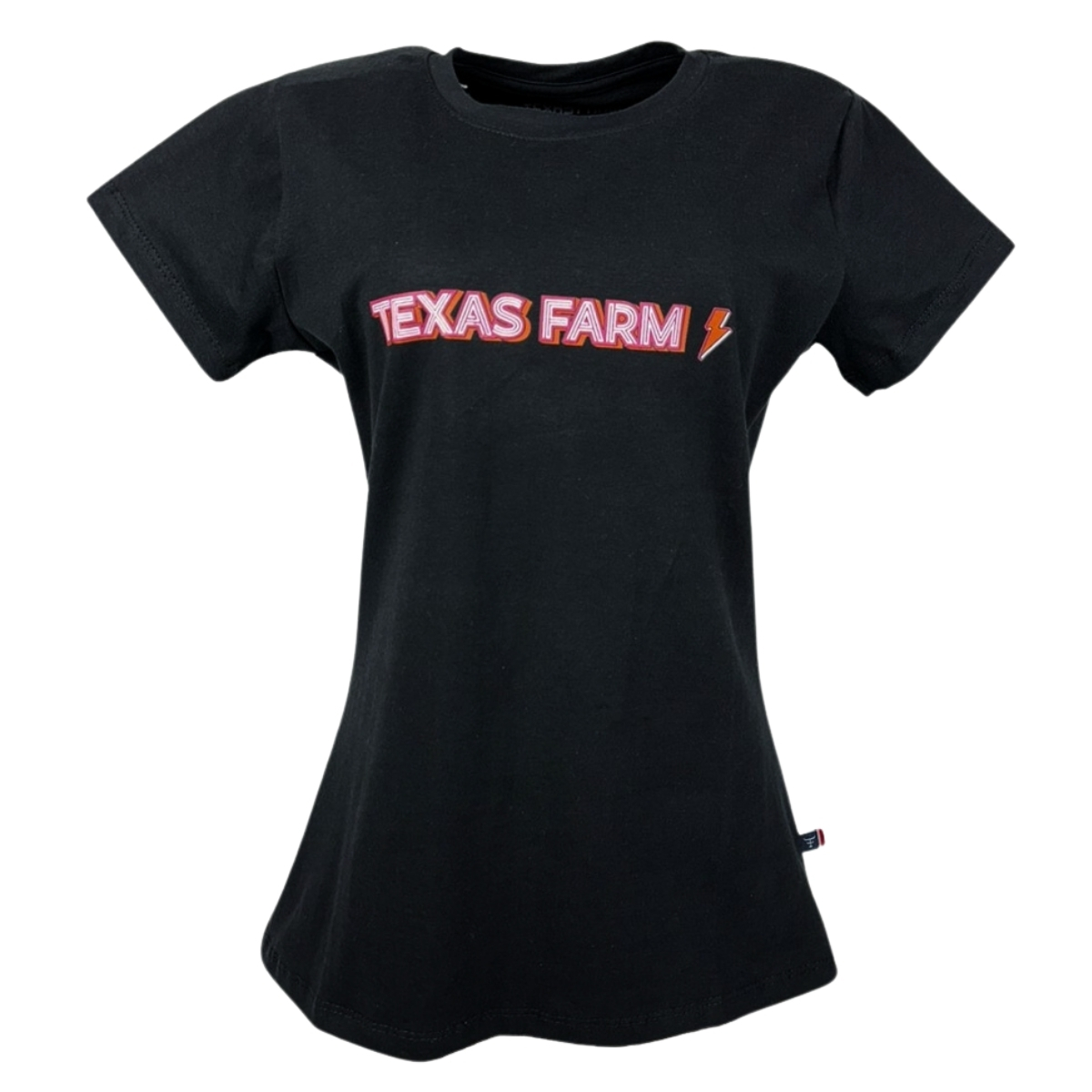 Camiseta Feminina Texas Farm Manga Curta Baby Look Preta Com Estampa Rosa/Laranja - REF: CF297