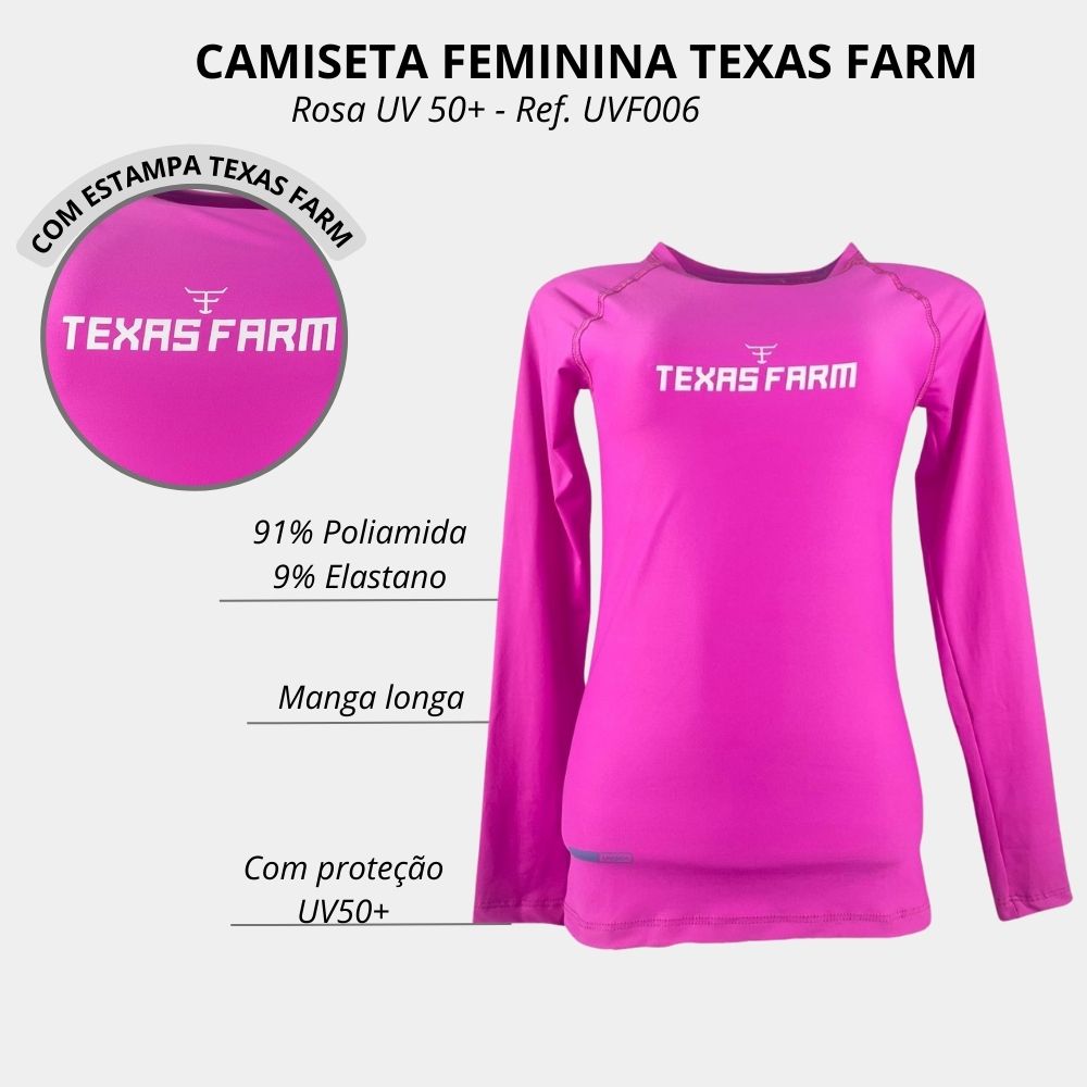 CAMISETA TÉRMICA UV50+ FEMININA TEXAS FARM - UVF002 - PRETO/ FUCSIA