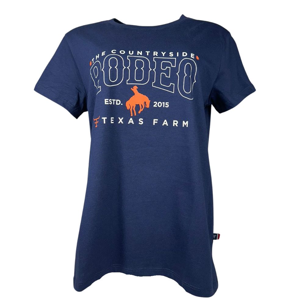 Camiseta Feminina Texas Farm Manga Curta Azul Marinho Estampada The Countryside Rodeo Em Branco/Laranja Ref:CF286