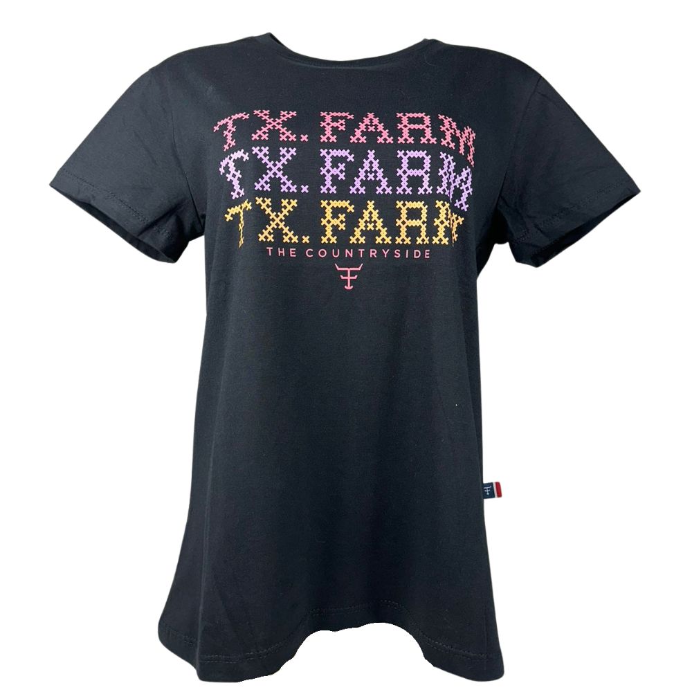 Camiseta Feminina Texas Farm Manga Curta Preta Com Logo Estampada Em Rosa/Lilás E Amarelo Ref:CF285