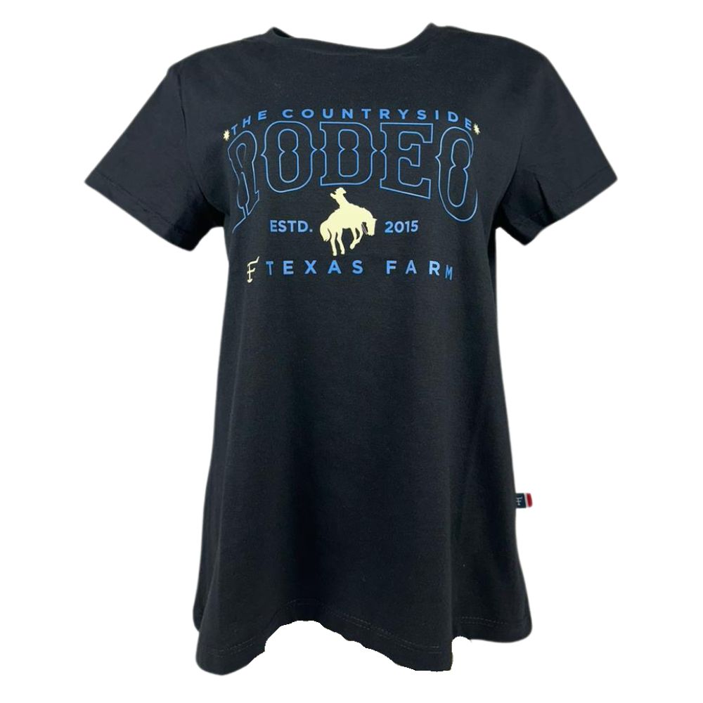 Camiseta Feminina Texas Farm Manga Curta Preta Estampada The Countryside Rodeo Em Azul/Creme Ref:CF286