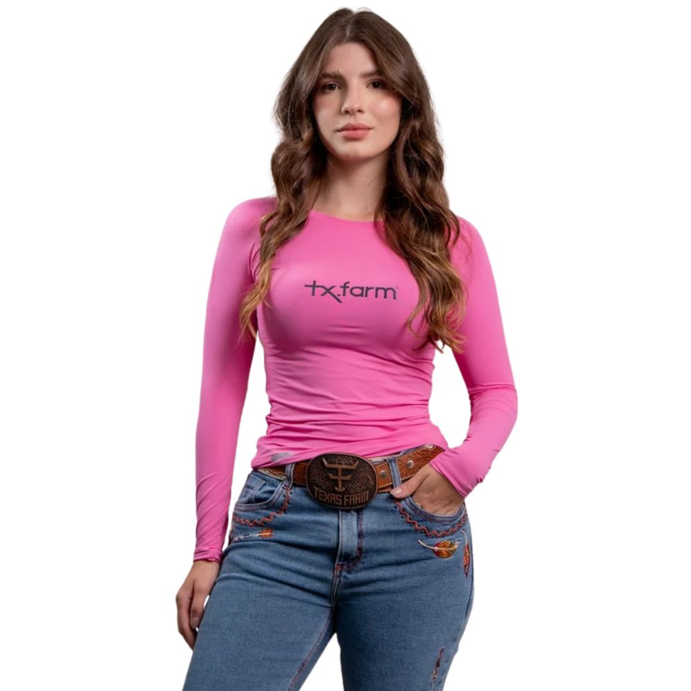 Camiseta Feminina Texas Farm Manga Longa UV50+ Rosa Algodão Doce Com Logo Preto Ref:UVF001