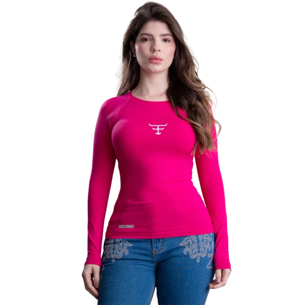 Camiseta Feminina Texas Farm Manga Longa UV50+ Rosa Pink Com Logo Branco Ref:UVF009
