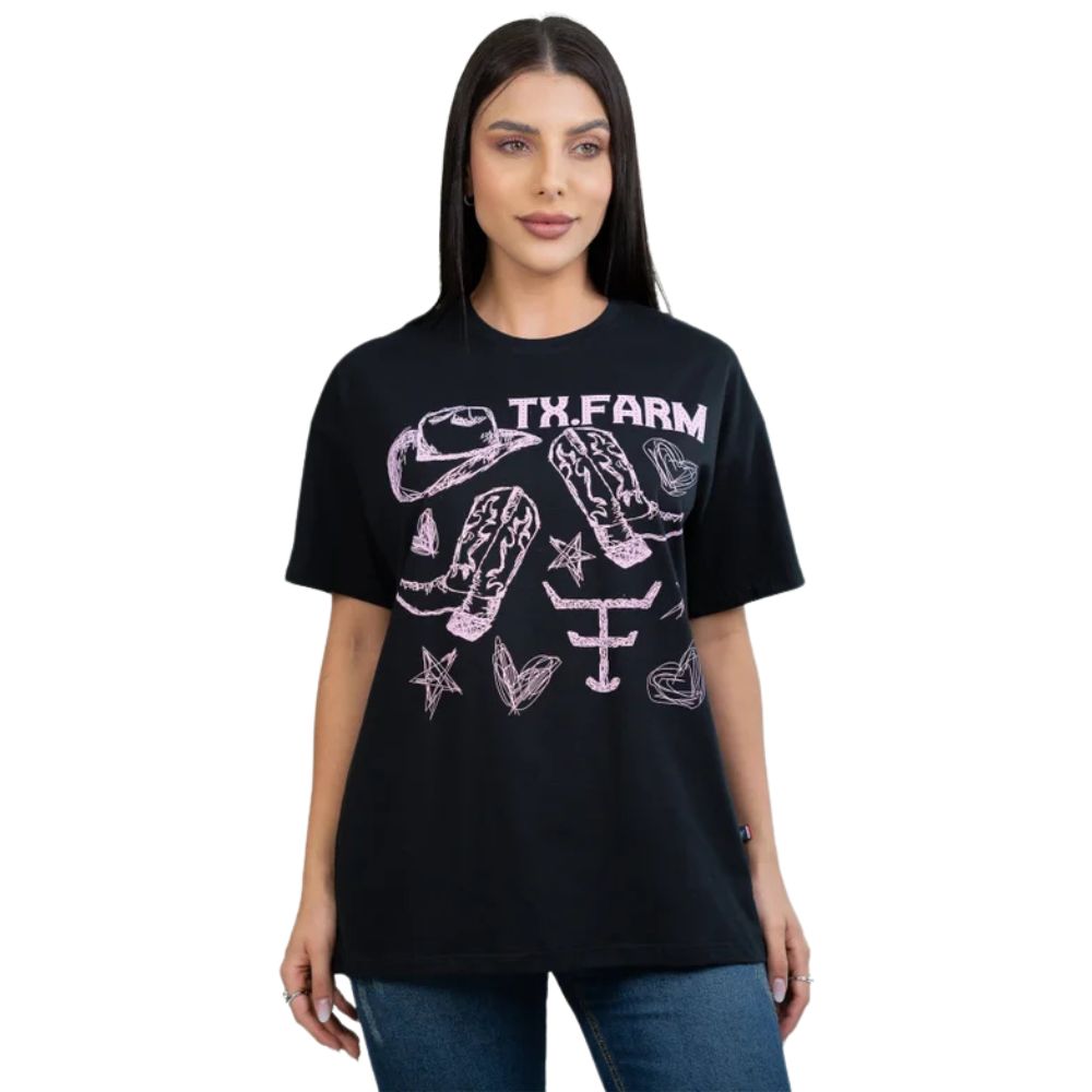 Camiseta Feminina Texas Farm Oversized Western Show Preta Com Estampa Rosa Bebê Ref:CO 0006