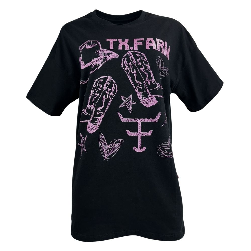 Camiseta Feminina Texas Farm Oversized Western Show Preto Com Estampa Rosa REF:  CO006