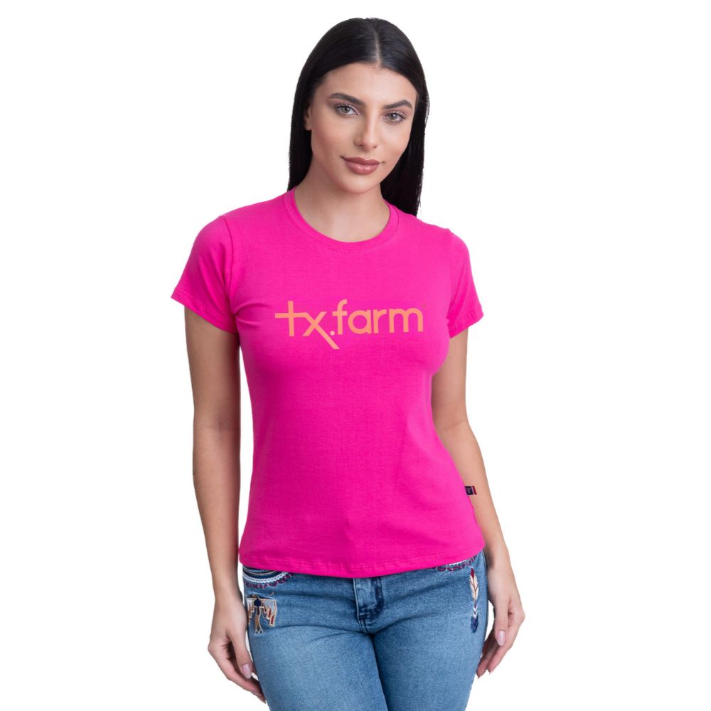 Camiseta Feminina Texas Farm Rosa Pink Babylook Manga Curta Com Logo Salmão REF: CF129