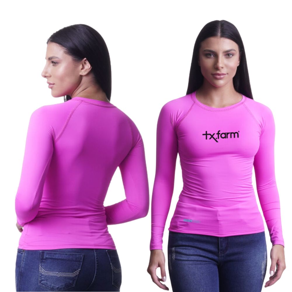 Camiseta Feminina Texas Farm Rosa Tutti Fruti Manga Longa UV50+ Com Logo Preto Ref:UVF0001