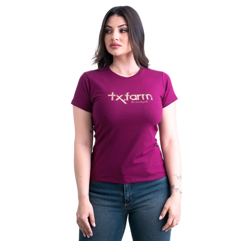 Camiseta Feminina Texas Farm Roxo Amora Babylook Manga Curta Com Logo Bege REF: CF292