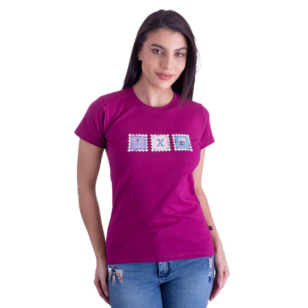 Camiseta Feminina Texas Farm Roxo Amora Babylook Manga Curta Com Logo Em Quadrado REF: CF294