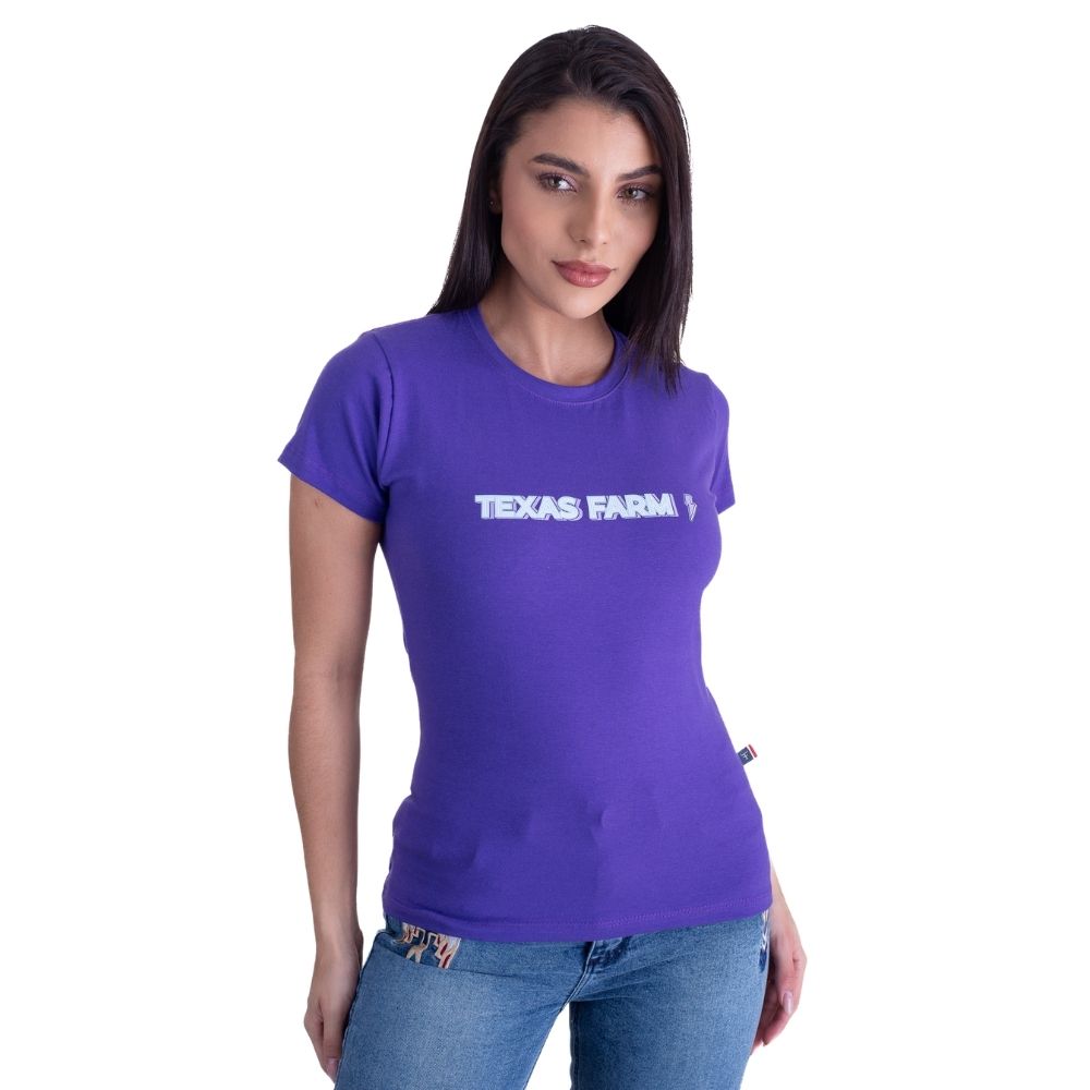 Camiseta Feminina Texas Farm Roxo Mirtilo Babylook Manga Curta Com Logo Em Azul REF: CF297