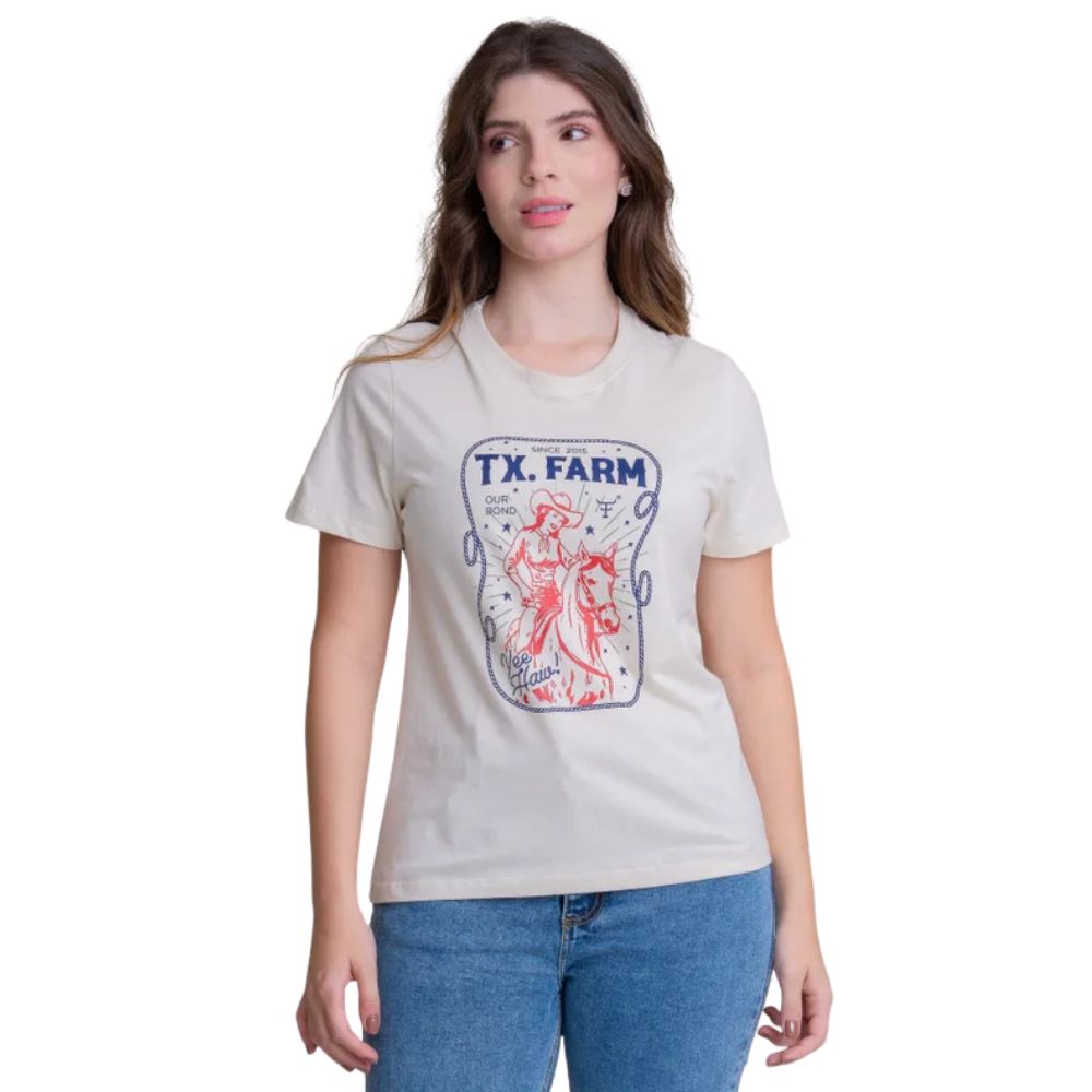 Camiseta Feminina Texas Farm Soft Friends Hip Manga Curta Bege Com Logo Estampado Azul Marinho/Vermelho Ref:CFS003