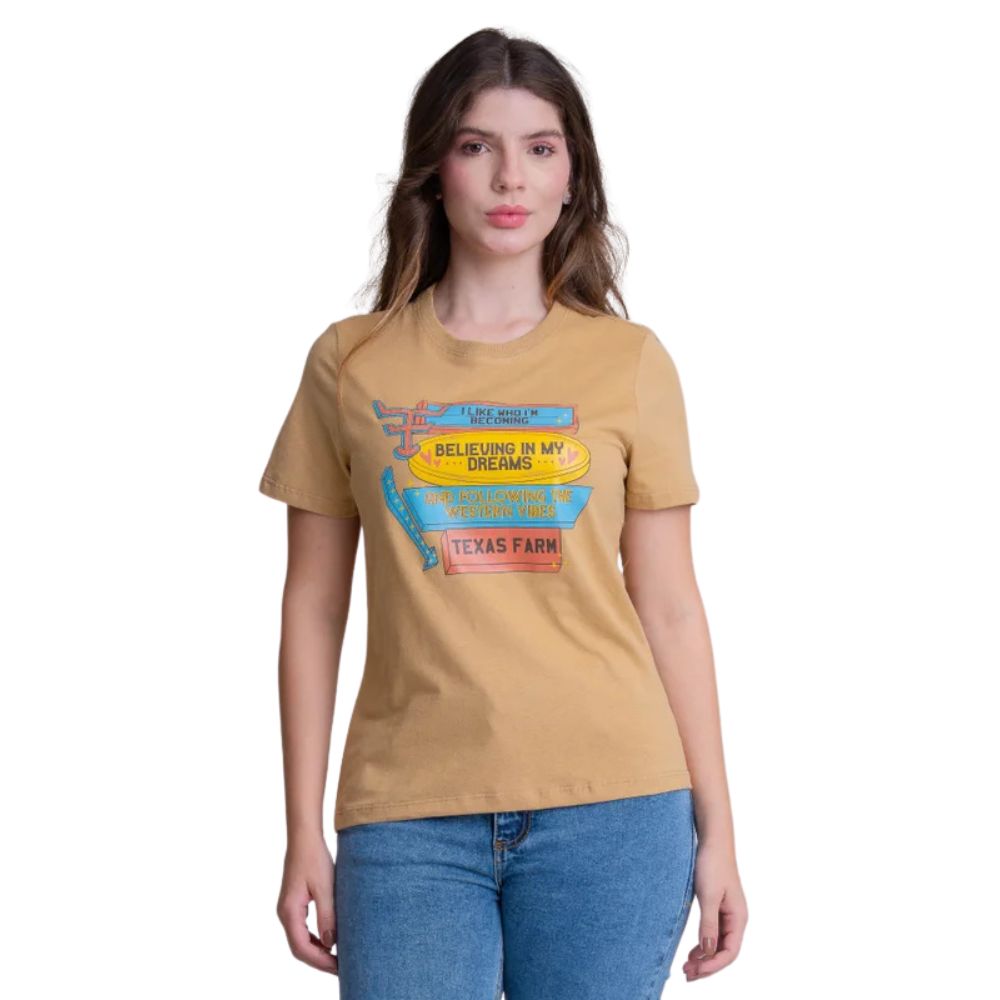 Camiseta Feminina Texas Farm Soft Friends Hip Manga Curta Caramelo Logo Estampado Preto/Amarelo E Azul  Ref:CFS0001