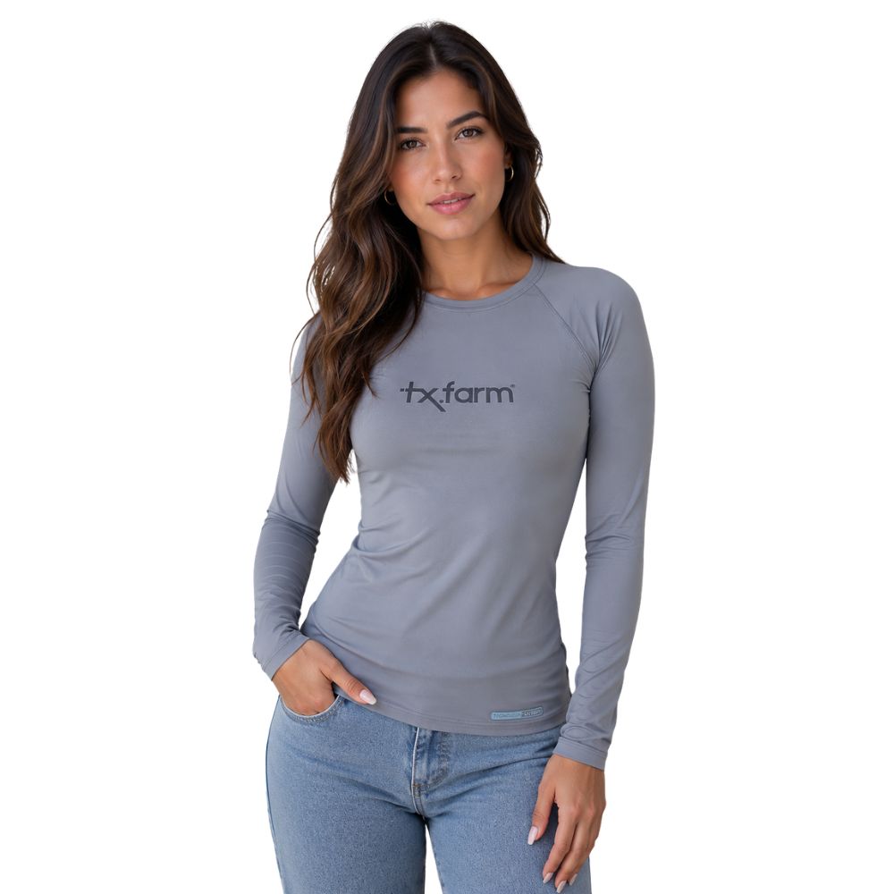 Camiseta Feminina Texas Farm UV50+ Manga Longa Azul Nimbus Logo Preto Ref:Uv001