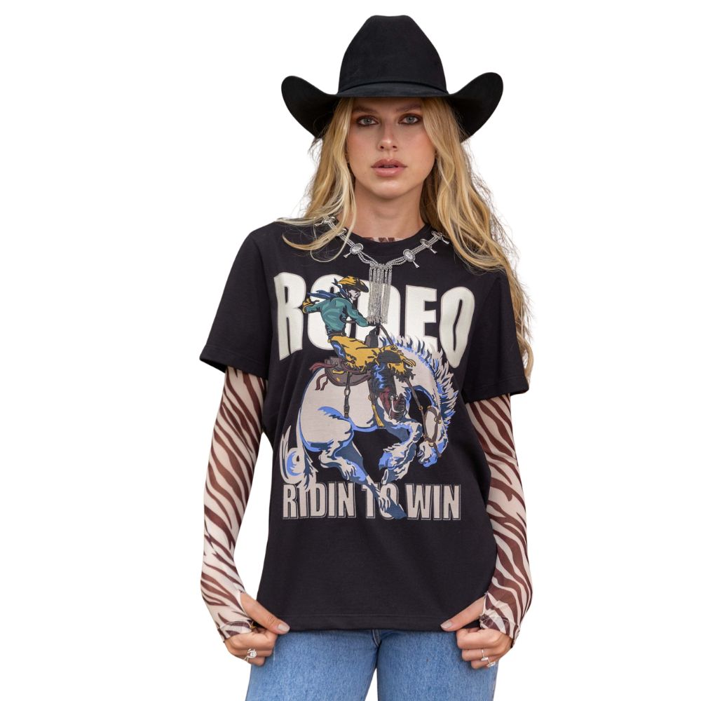 Camiseta Feminina Turkese T-Over Ridin Preta Estampada Rodeo Ref:TS11504