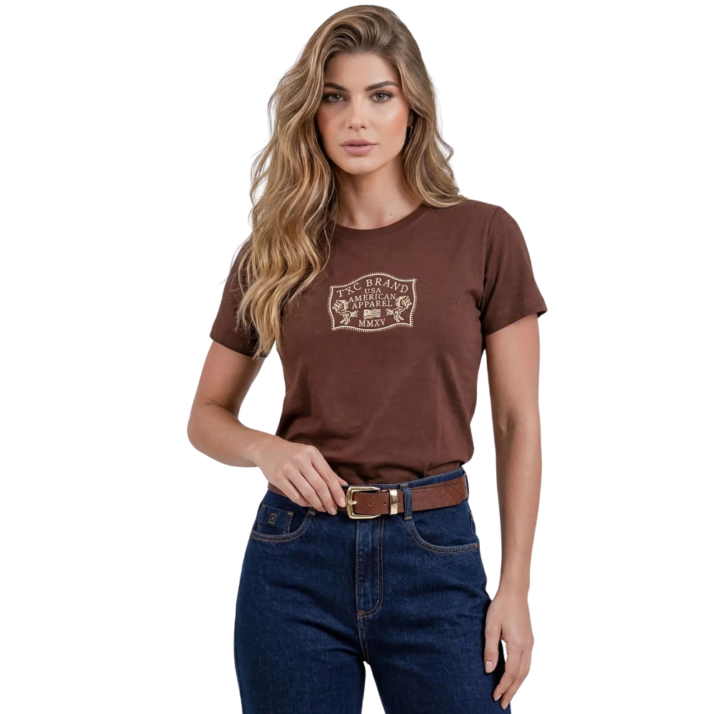 Camiseta Feminina TXC Fio 30 Manga Curta Marrom Bordado Creme Ref:51519