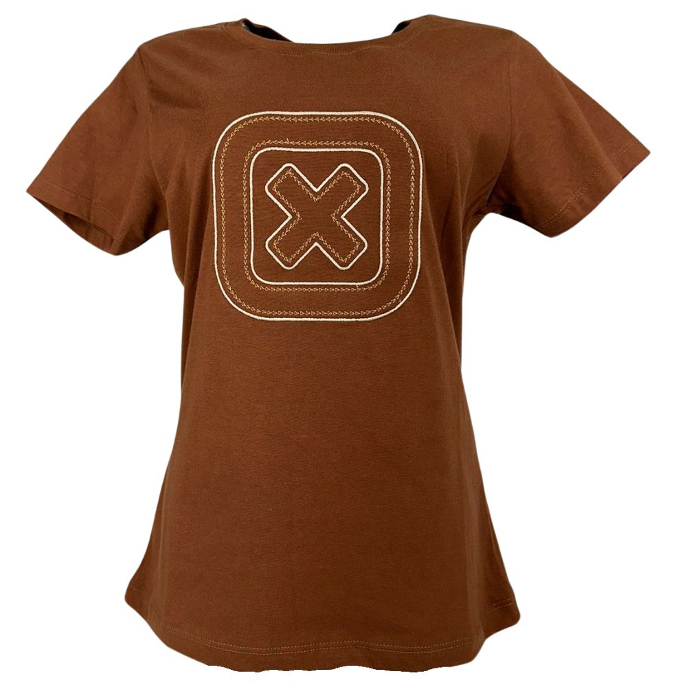 Camiseta Feminina TXC Manga Curta Slim Meia Malha Marrom Bordada Logo Creme E Dourado Ref:51128