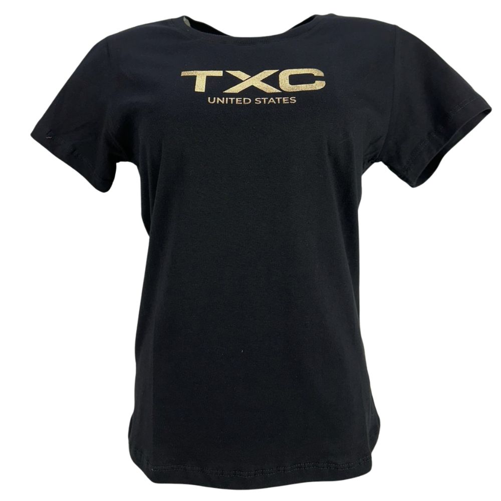 Camiseta Feminina TXC Manga Curta Slim Meia Malha Preto Estampada Logo Dourado Ouro Ref:51165