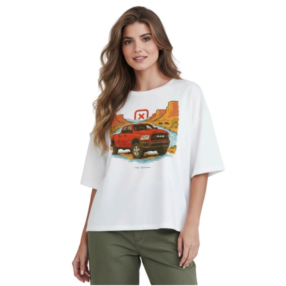 Camiseta Feminina TXC Over Ram Manga Curta Branco Estampa Caminhonete Vermelha Ref:RAM0011