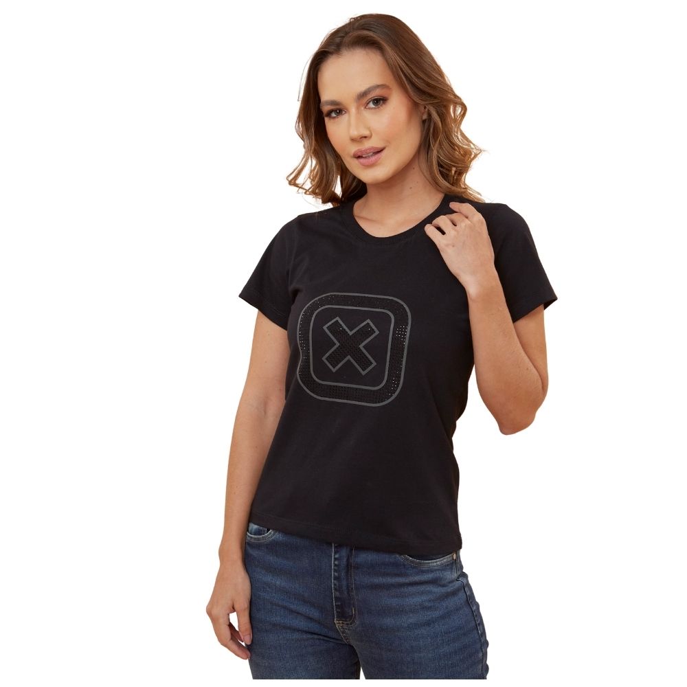 Camiseta Feminina TXC Preta Custom Slim Manga Curta Com Logo Preto Brilhante Ref.50911