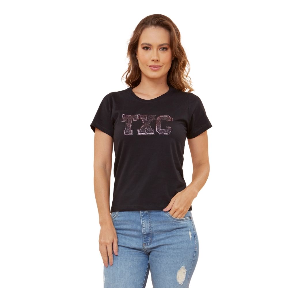 Camiseta Feminina TXC Preta Custom Slim Manga Curta Com Logo Rosa Brilhante Ref.50897