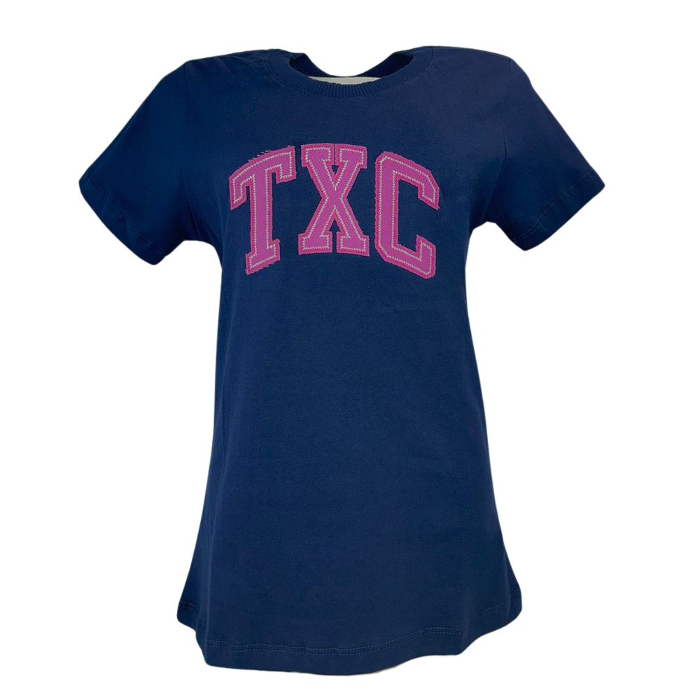 Camiseta Feminina TXC Slim Custom Manga Curta Azul Marinho Com Logo Aplicado Rosa REF: 50979