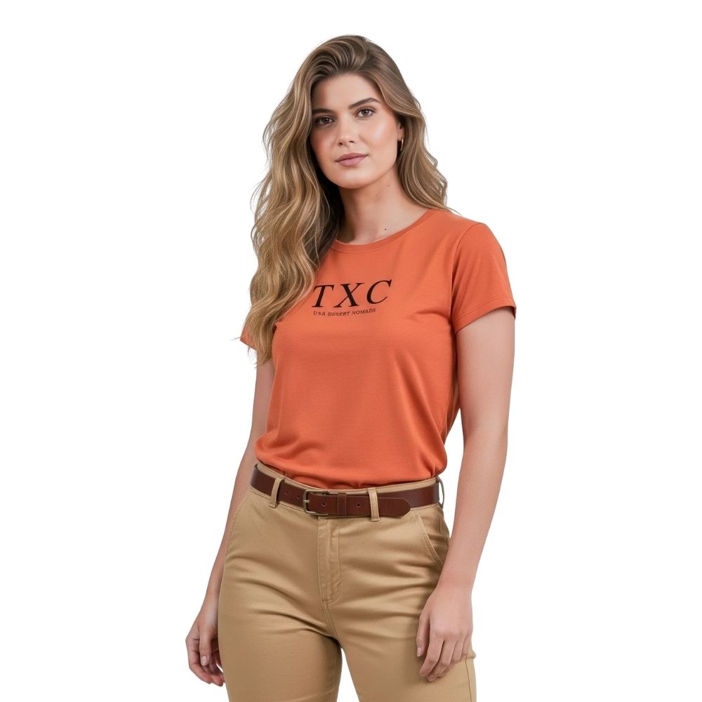 Camiseta Feminina TXC Slim Meia Malha Penteada Laranja Estampada Logo Azul Marinho - REF:51050