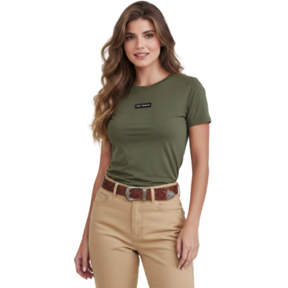 Camiseta Feminina TXC Slim RAM Manga Curta Verde Militar Logo Preto E Branco Ref:RAM008