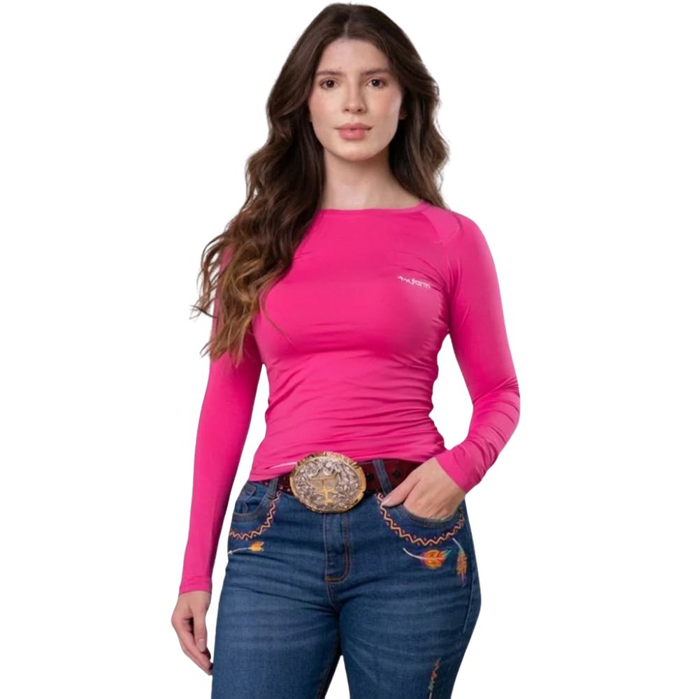 Camiseta Feminina UV50+ Texas Farm Manga Longa Rosa Pink Com Logo Branco Ref:UVF010