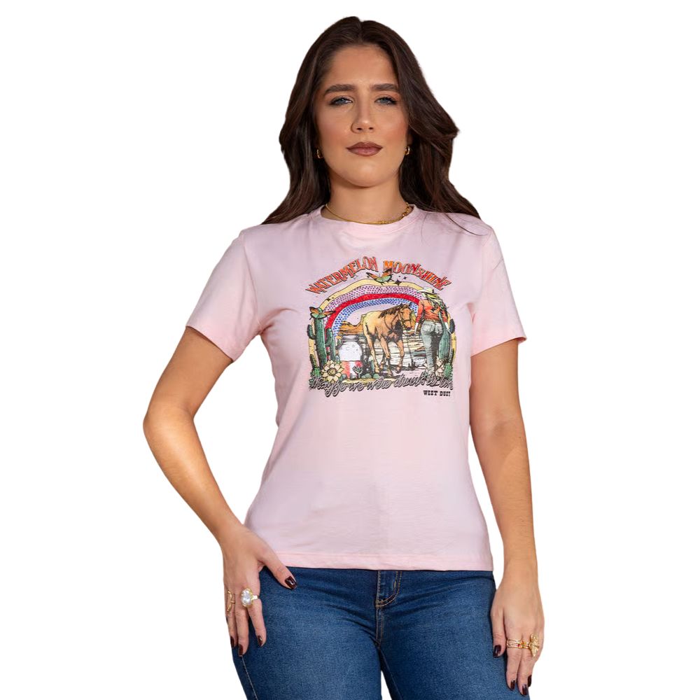 Camiseta Feminina West Dust Baby Look Rosa Manga Curta Com Estampa E Strass Ref:BL20577