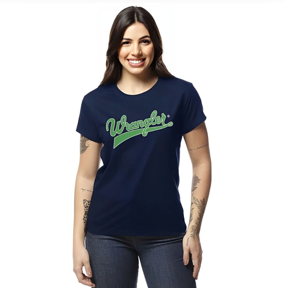 Camiseta Feminina Wrangler T-Shirt Manga Curta Azul Marinho Com Logo Verde/Branco Ref:WF5506MA