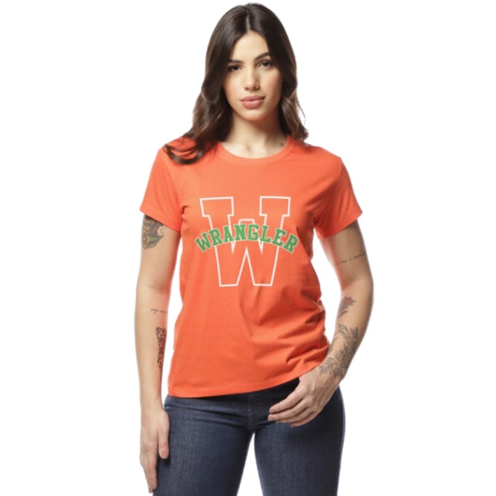 Camiseta Feminina Wrangler T-Shirt Manga Curta Tipo Baby Look Laranja Com Estampa Logo Verde e Branco Ref.WF5711SL