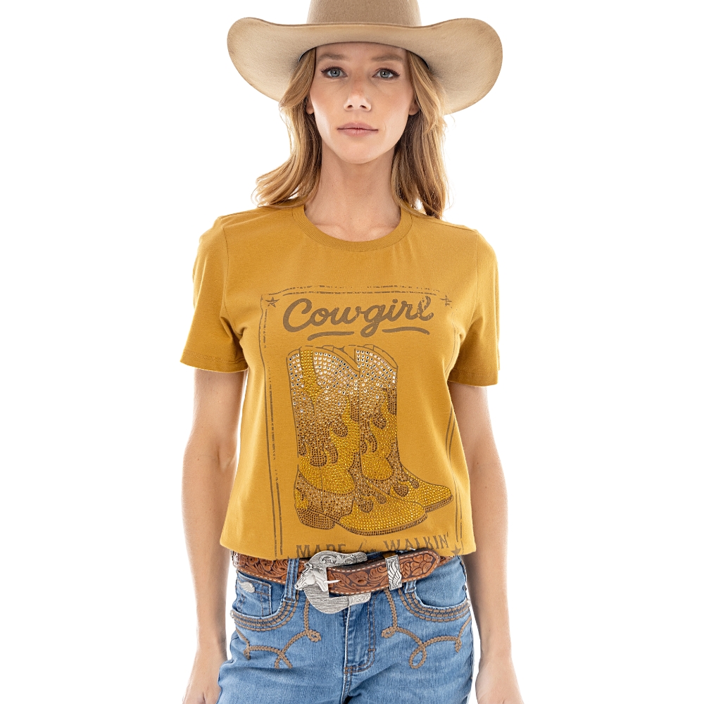 Camiseta Feminina Zenz Western T-shirt Galope Mostarda Estampa Cowgirl Bota Brilho Ref:ZW0226051-1724
