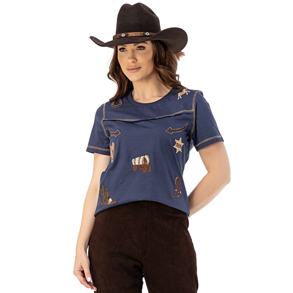 Camiseta Feminina Zenz Western T-Shirt Moonlight Manga Curta Azul Marinho Bordados Marrom Ref:1493 - ZW0225025