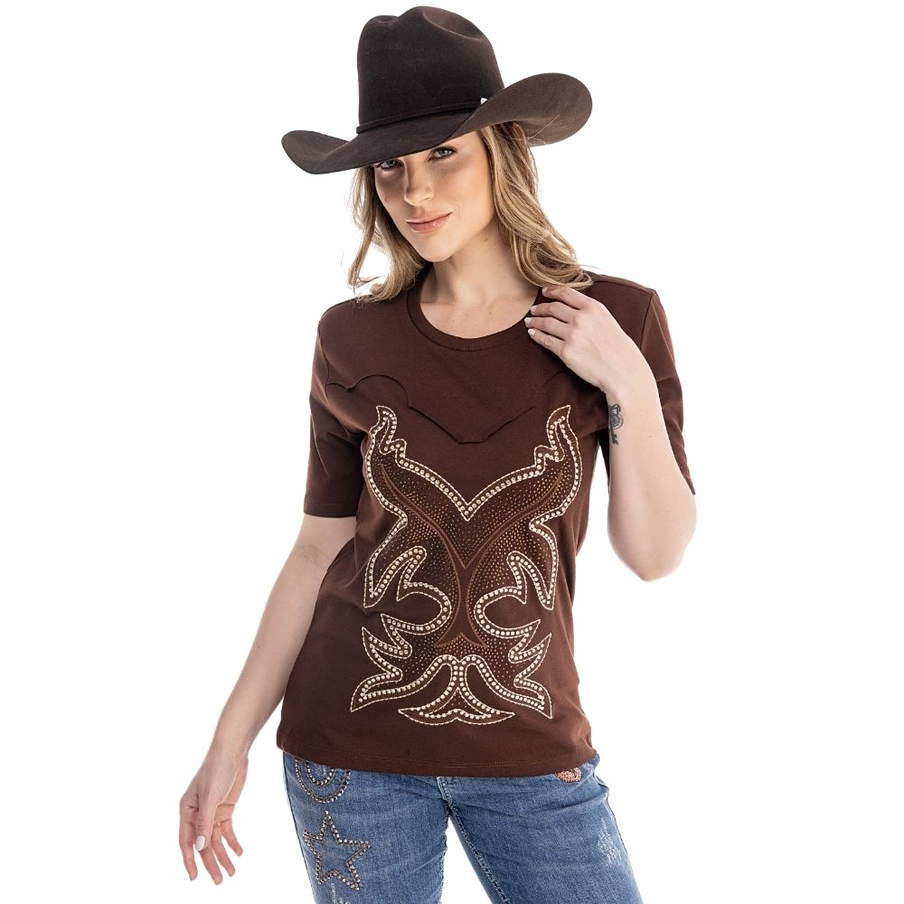 Camiseta Feminina Zenz Western T-Shirt Red Poll Marrom Café Bordado Com Strass Ref: ZW 0325026 - 1570