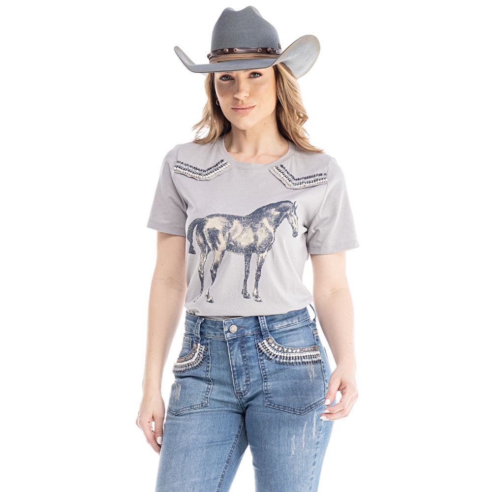 Camiseta Feminina Zenz Western T-Shirt White Horse Cinza Claro Estampa Cavalo Com Miçangas Ref: ZW 0325029-1554