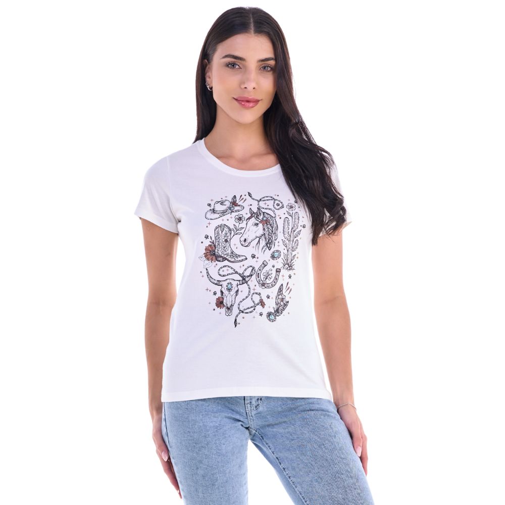 Camiseta Feminina Ox Horns T-Shirt Creme Estampado Com Brilho Ref: 6538