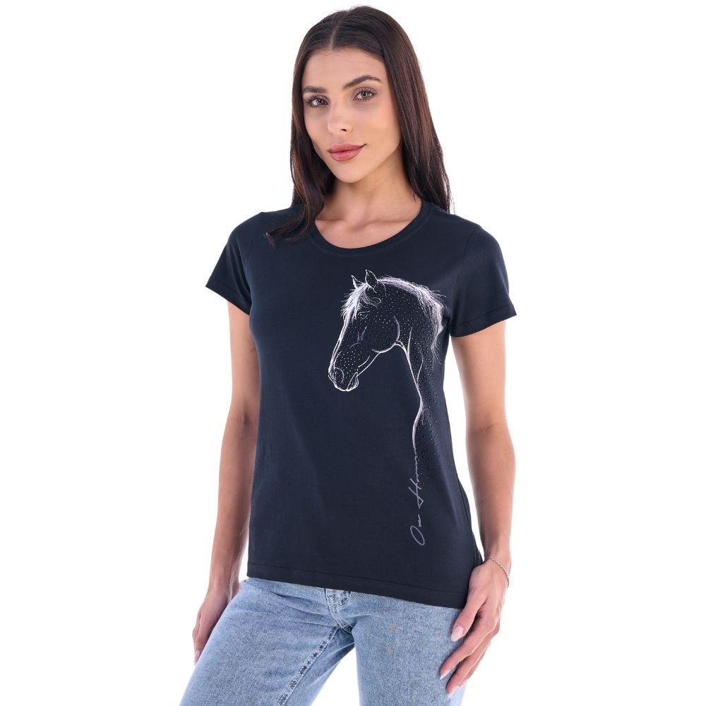 Camiseta Feminina Ox Horns T-Shirt Preta Estampado Cavalo Com Brilho Ref: 6520