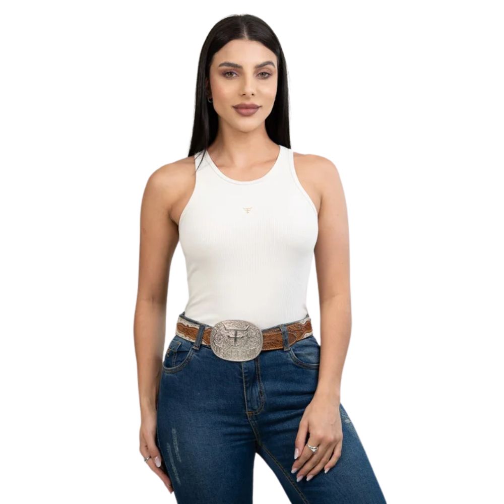 Camiseta Regata Canelada Feminina Texas Farm Western Show Bege Com Logo Pequena Bordada Ref:RT001