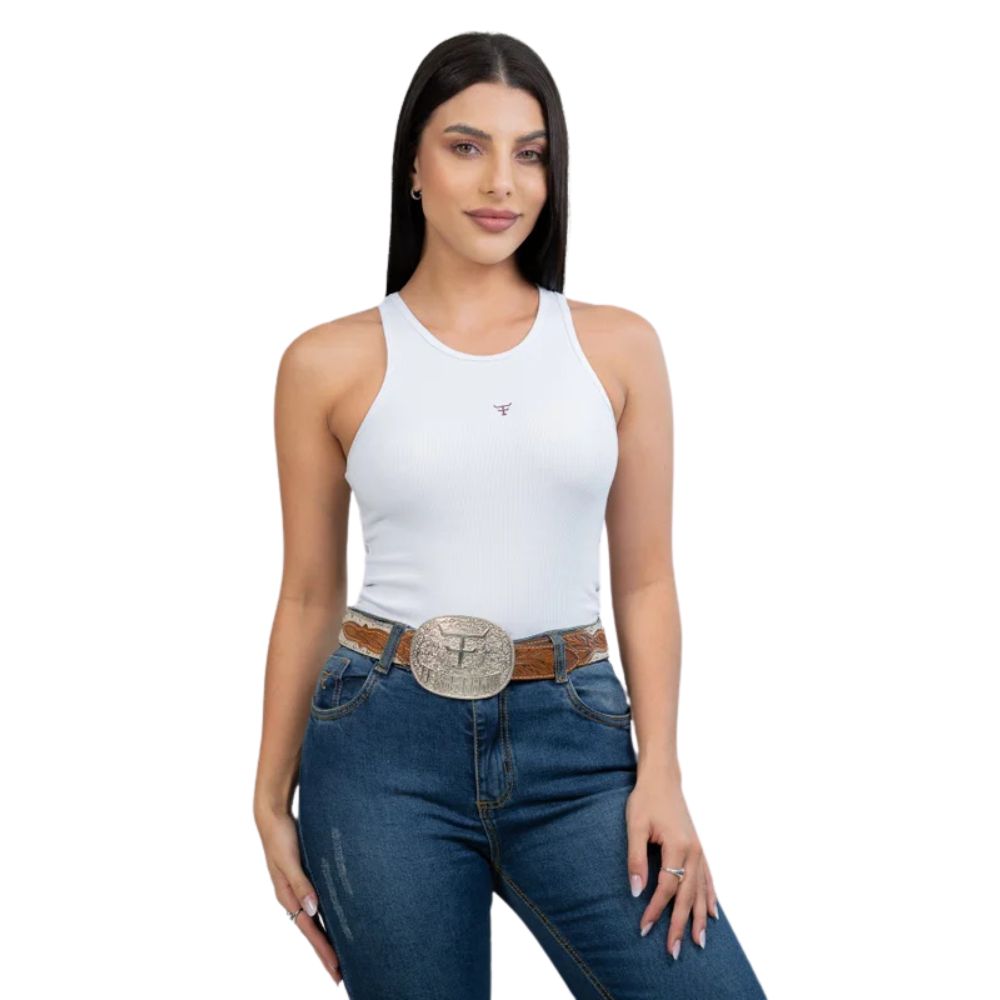 Camiseta Regata Canelada Feminina Texas Farm Western Show Branco Com Logo Bordado Pequeno Marrom Ref:RT001